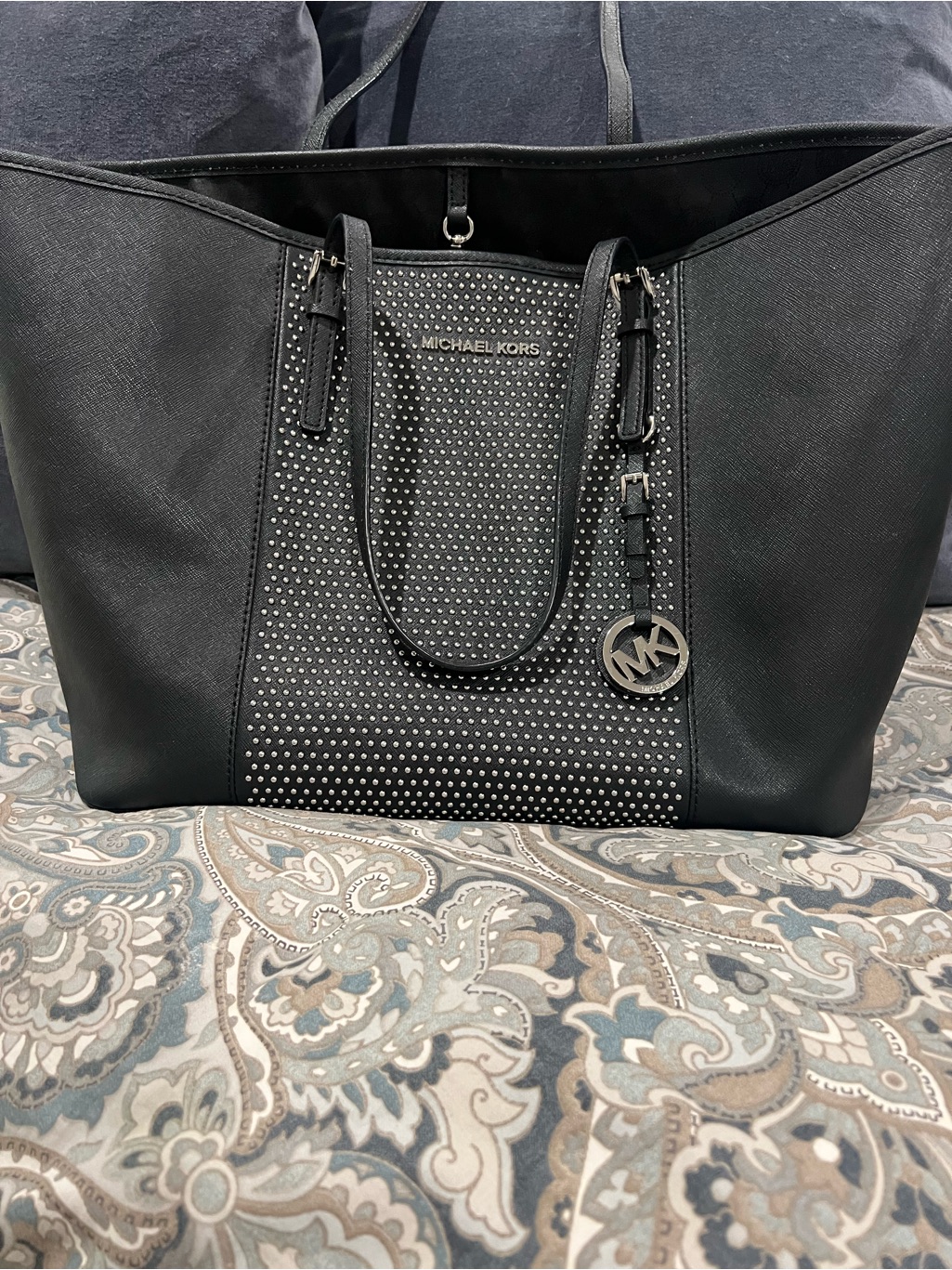 Michael Kors Black Jet Set Studded Saffiano Leather Tote With Mk Charm
